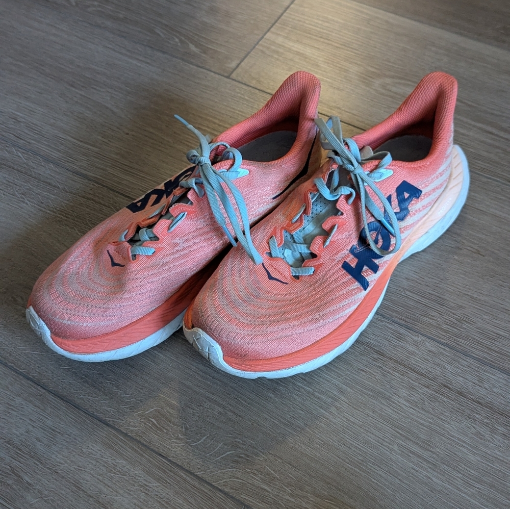 Hoka One One Coral and Blue Athletic Shoes